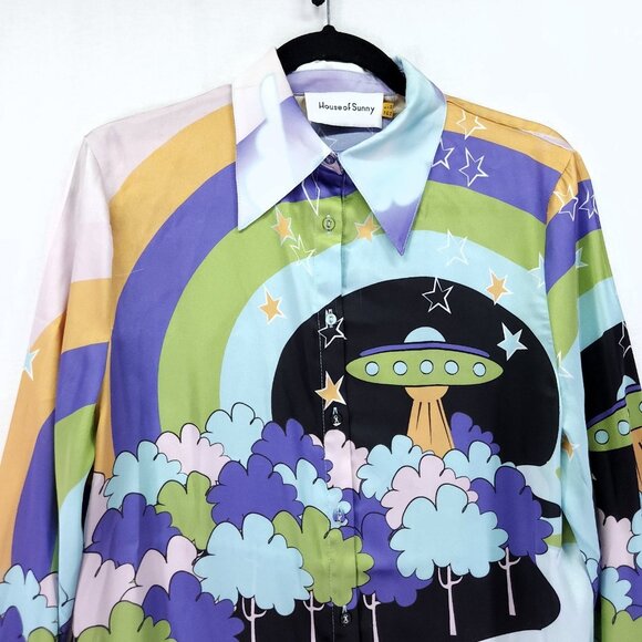 House Of Sunny Nice To Meet You Shirt Womens Size 2 Satin Graphic Button Front - Picture 3 of 16